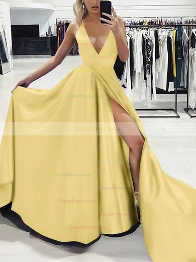 A-line V-neck Silk-like Satin Sweep Train Split Front Prom Dresses #Favs020107575