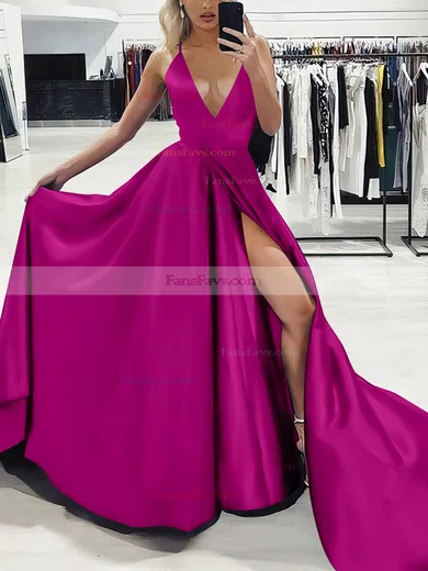 A-line V-neck Silk-like Satin Sweep Train Split Front Prom Dresses #Favs020107575
