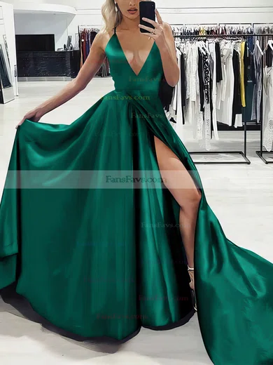 A-line V-neck Silk-like Satin Sweep Train Split Front Prom Dresses #Favs020107575