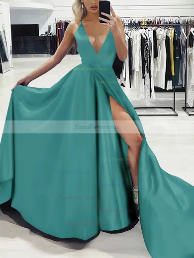 A-line V-neck Silk-like Satin Sweep Train Split Front Prom Dresses #Favs020107575