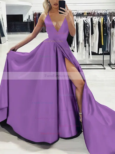 A-line V-neck Silk-like Satin Sweep Train Split Front Prom Dresses #Favs020107575