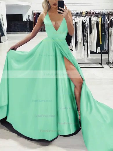 A-line V-neck Silk-like Satin Sweep Train Split Front Prom Dresses #Favs020107575