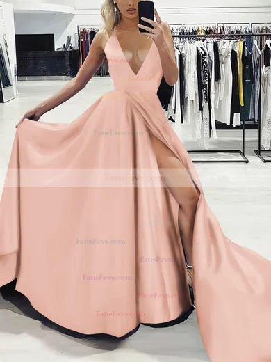A-line V-neck Silk-like Satin Sweep Train Split Front Prom Dresses #Favs020107575