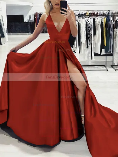 A-line V-neck Silk-like Satin Sweep Train Split Front Prom Dresses #Favs020107575