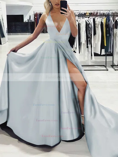 A-line V-neck Silk-like Satin Sweep Train Split Front Prom Dresses #Favs020107575