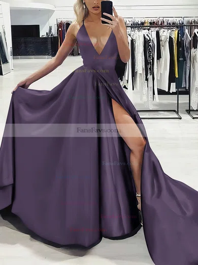 A-line V-neck Silk-like Satin Sweep Train Split Front Prom Dresses #Favs020107575