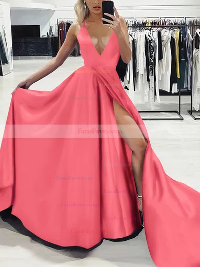 A-line V-neck Silk-like Satin Sweep Train Split Front Prom Dresses #Favs020107575