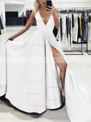 A-line V-neck Silk-like Satin Sweep Train Split Front Prom Dresses #Favs020107575