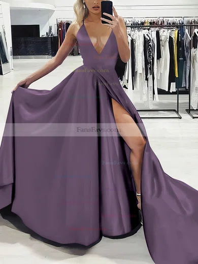 A-line V-neck Silk-like Satin Sweep Train Split Front Prom Dresses #Favs020107575