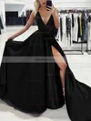 A-line V-neck Silk-like Satin Sweep Train Split Front Prom Dresses #Favs020107575
