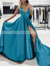 A-line V-neck Silk-like Satin Sweep Train Split Front Prom Dresses #Favs020107575