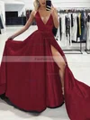 A-line V-neck Silk-like Satin Sweep Train Split Front Prom Dresses #Favs020107575