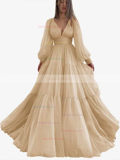 A-line V-neck Chiffon Sweep Train Ruffles Prom Dresses #Favs020107576