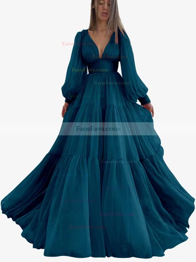 A-line V-neck Chiffon Sweep Train Ruffles Prom Dresses #Favs020107576