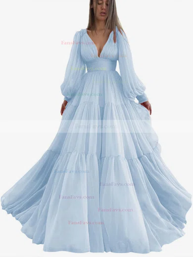 A-line V-neck Chiffon Sweep Train Ruffles Prom Dresses #Favs020107576