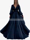 A-line V-neck Chiffon Sweep Train Ruffles Prom Dresses #Favs020107576