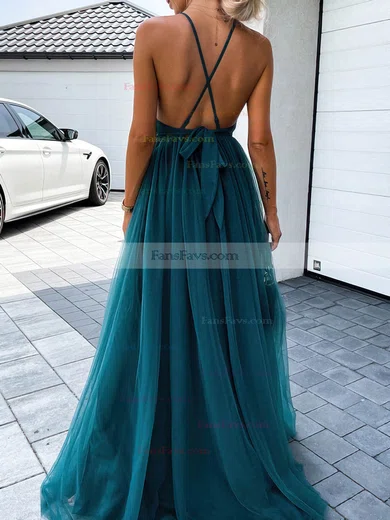 A-line V-neck Tulle Sweep Train Split Front Prom Dresses #Favs020107578