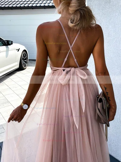 A-line V-neck Tulle Sweep Train Split Front Prom Dresses #Favs020107578