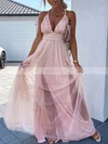 A-line V-neck Tulle Sweep Train Split Front Prom Dresses #Favs020107578