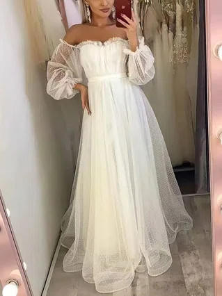 A-line Off-the-shoulder Tulle Sweep Train Sashes / Ribbons Prom Dresses #Favs020107585