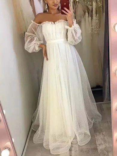 A-line Off-the-shoulder Tulle Sweep Train Sashes / Ribbons Prom Dresses #Favs020107585