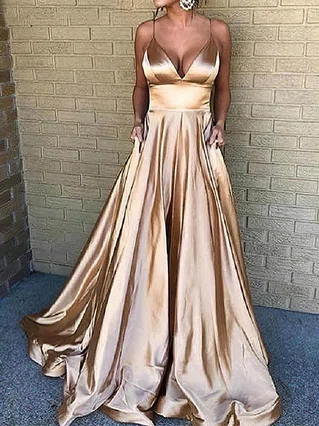A-line V-neck Silk-like Satin Sweep Train Pockets Prom Dresses #Favs020107919