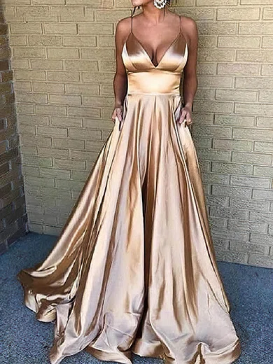 A-line V-neck Silk-like Satin Sweep Train Pockets Prom Dresses #Favs020107919