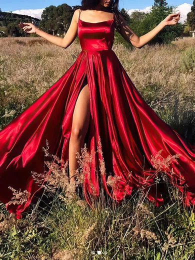 A-line Square Neckline Silk-like Satin Sweep Train Split Front Prom Dresses #Favs020107921
