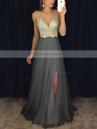 A-line V-neck Chiffon Floor-length Beading Prom Dresses #Favs020104583