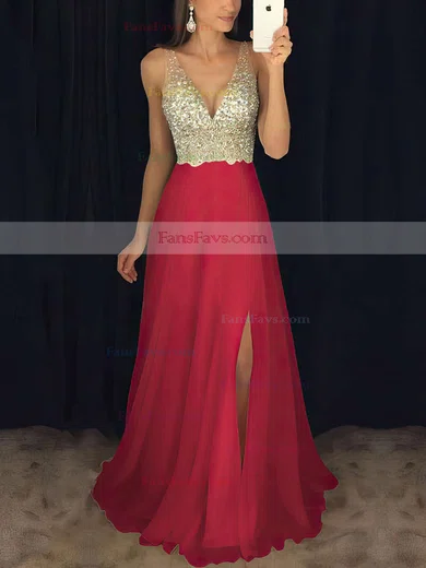 A-line V-neck Chiffon Floor-length Beading Prom Dresses #Favs020104583
