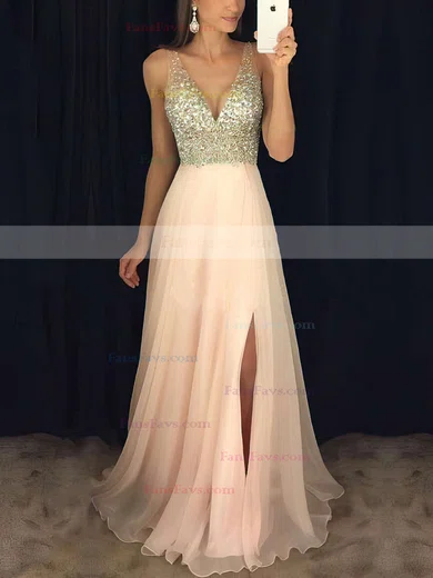 A-line V-neck Chiffon Floor-length Beading Prom Dresses #Favs020104583