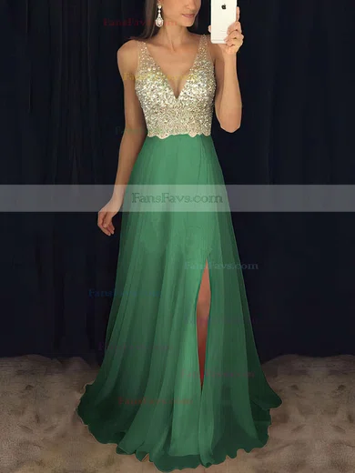 A-line V-neck Chiffon Floor-length Beading Prom Dresses #Favs020104583