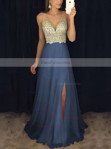 A-line V-neck Chiffon Floor-length Beading Prom Dresses #Favs020104583
