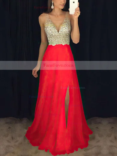 A-line V-neck Chiffon Floor-length Beading Prom Dresses #Favs020104583