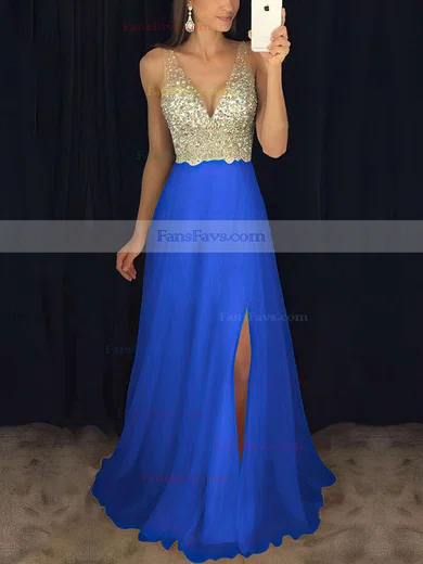 A-line V-neck Chiffon Floor-length Beading Prom Dresses #Favs020104583