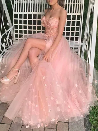 A-line Strapless Tulle Lace Sweep Train Appliques Lace Prom Dresses #Favs020107924 A-line Strapless Tulle Lace Sweep Train Appliques Lace Prom Dresses #Favs020107924