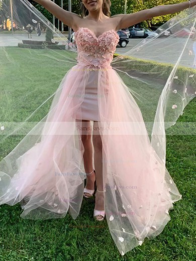 A-line Strapless Tulle Lace Sweep Train Appliques Lace Prom Dresses #Favs020107924