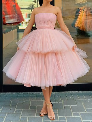 Ball Gown Strapless Tulle Tea-length Tiered Prom Dresses #Favs020107925 Ball Gown Strapless Tulle Tea-length Tiered Prom Dresses #Favs020107925