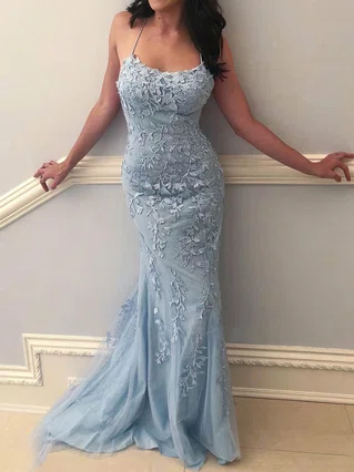 Trumpet/Mermaid Square Neckline Tulle Lace Sweep Train Appliques Lace Prom Dresses #Favs020107927 Trumpet/Mermaid Square Neckline Tulle Lace Sweep Train Appliques Lace Prom Dresses #Favs020107927