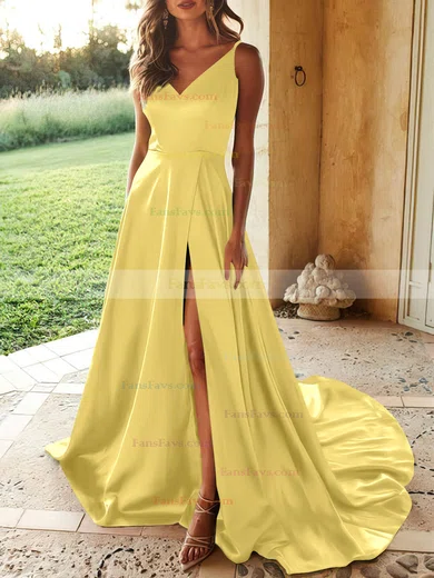 A-line V-neck Silk-like Satin Sweep Train Split Front Prom Dresses #Favs020107929