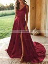 A-line V-neck Silk-like Satin Sweep Train Split Front Prom Dresses #Favs020107929