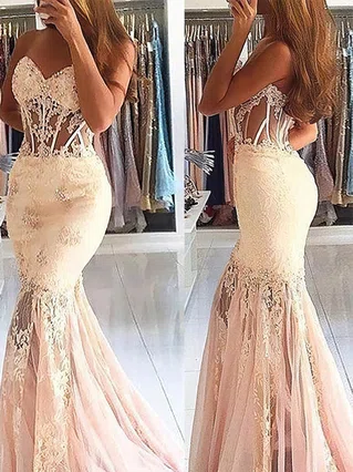 Trumpet/Mermaid Strapless Lace Tulle Sweep Train Beading Prom Dresses #Favs020107931 Trumpet/Mermaid Strapless Lace Tulle Sweep Train Beading Prom Dresses #Favs020107931