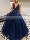 A-line V-neck Lace Tulle Sweep Train Appliques Lace Prom Dresses #Favs020107932