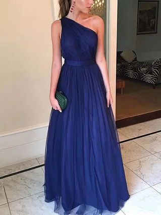 A-line One Shoulder Tulle Sweep Train Prom Dresses #Favs020107933 A-line One Shoulder Tulle Sweep Train Prom Dresses #Favs020107933