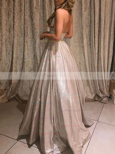 Ball Gown V-neck Glitter Sweep Train Pockets Prom Dresses #Favs020107934