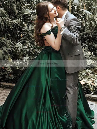 Ball Gown Off-the-shoulder Satin Sweep Train Beading Prom Dresses #Favs020107936