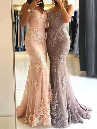 Trumpet/Mermaid V-neck Lace Tulle Sweep Train Appliques Lace Prom Dresses #Favs020107937 Trumpet/Mermaid V-neck Lace Tulle Sweep Train Appliques Lace Prom Dresses #Favs020107937