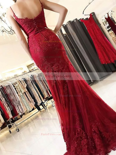 Trumpet/Mermaid V-neck Lace Tulle Sweep Train Appliques Lace Prom Dresses #Favs020107937
