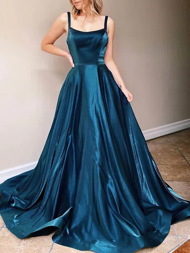 A-line Square Neckline Satin Sweep Train Prom Dresses #Favs020107938