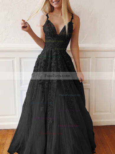 A-line V-neck Tulle Lace Sweep Train Appliques Lace Prom Dresses #Favs020107939